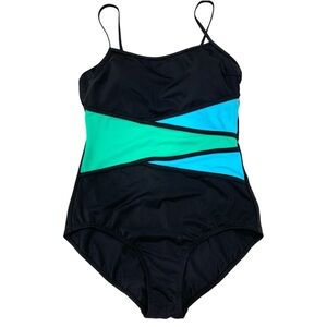FIT 4 U Tummy Control Black and Blue One-Piece Swimsuit size 10